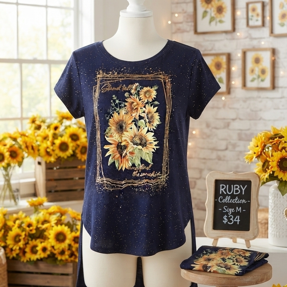 Navy Sunflower High-Low Tee